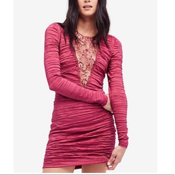 Free People Look of Love Ruched Bodycon Mini  Dress wine - Picture 5 of 15